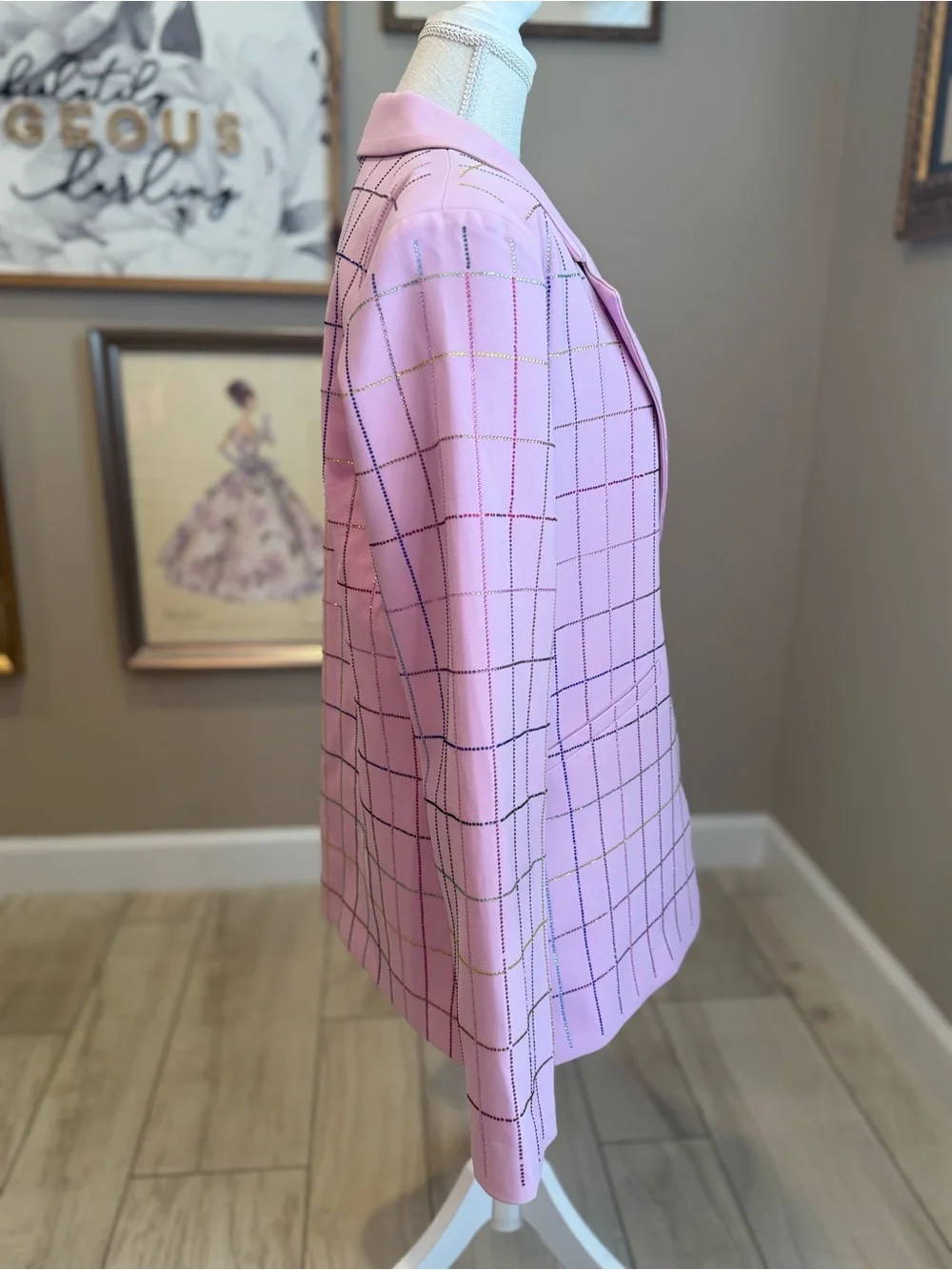 QUEEN OF SPARKLES Pink Rhinestone Plaid Blazer & Wide Leg Pant Set
